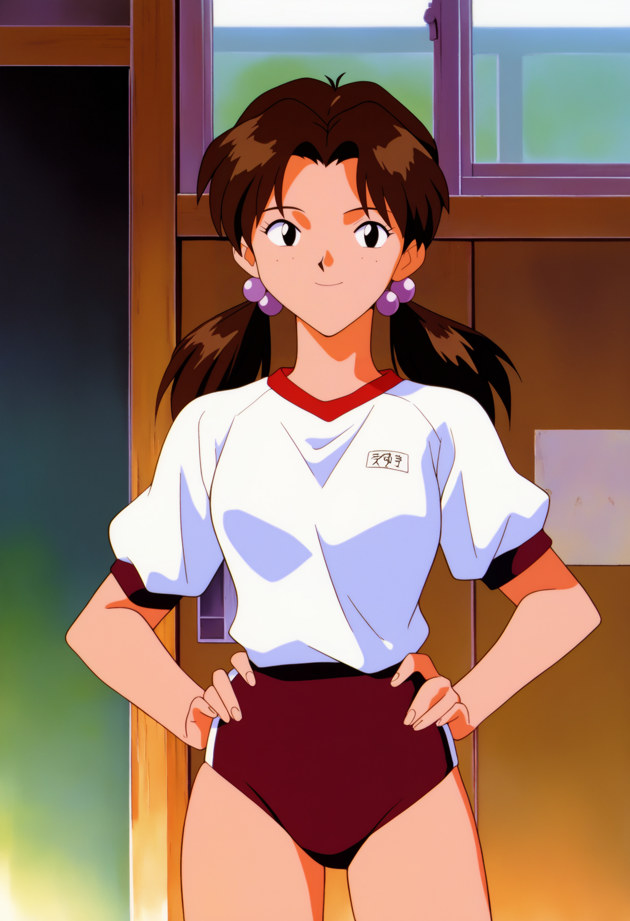masterpiece, best quality, very aesthetic, absurdres,
1990s \(style\), retro artstyle,
1girl, hikarihoraki, brown hair, twintails, freckles, hair bobbles, long hair, black eyes,
gym uniform, white shirt, buruma, smile,
hands on hips, standing, solo, looking at viewer, indoors, classroom background  <lora:HikariHorakiNoobXL_byKonan:1>