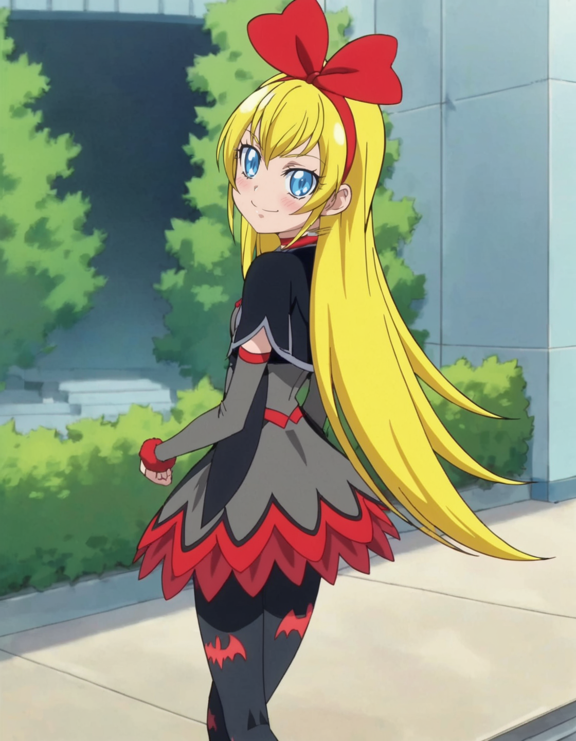 score_9, score_8_up, score_7_up,anime screencap,1girl,solo,regina, 1girl, bat print, pantyhose, blue eyes, choker, smile, bow, cropped jacket,  hair bow, print legwear, red ribbon,  dress, looking at viewer, red bow, hairband
small breasts,cowboy shot ,blush,from behind,ass<lora:regina:0.8>