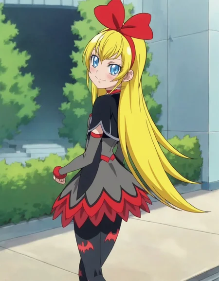 score_9, score_8_up, score_7_up,anime screencap,1girl,solo,regina, 1girl, bat print, pantyhose, blue eyes, choker, smile, bow, cropped jacket, hair bow, print legwear, red ribbon, dress, looking at viewer, red bow, hairband
small breasts,cowboy shot ,blush,from behind,ass<lora:regina:0.8>