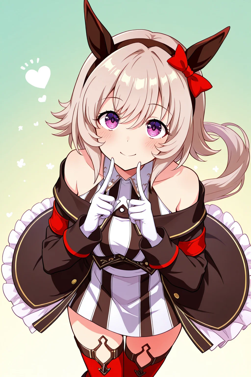 masterpiece,best quality,very aesthetic,absurdres,highres,newest,official art,official style,
1girl,solo,
crc race, curren chan (umamusume),
animal ears, bare shoulders, black coat, coat, gloves,
highres, horse ears, horse girl, horse tail, long sleeves,
off-shoulder coat, off shoulder, red legwear, short hair,
tail, white gloves, blush, ear covers, grey hair, hair between eyes,
red thighhighs, striped, thighhighs, violet eyes, black dress, boots, dress,
thigh-highs, ear ribbon, red ribbon, ribbon, white hair, black hairband,
bow, ear bow, hairband, red bow, off-shoulder dress, purple eyes,
striped clothes, striped dress, white dress, bangs, black jacket,
eyebrows visible through hair, jacket, vertical-striped dress, vertical stripes,
silver hair, collared dress, off-shoulder jacket, sleeveless, sleeveless dress,
eye_focus,<lora:eye_focus:1>,
<lora:umamusume_curren_chan_ill_v1.0:1>,
