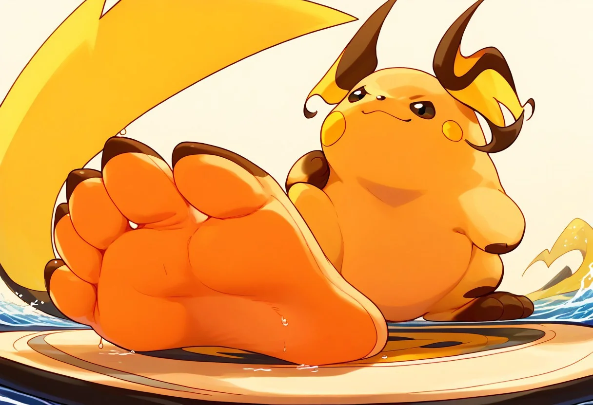 score_9, score_7_up, source_furry, rating_safe, solo, <lora:POKEMON_RAICHU_r1:1> raichu, pokemon, brown toes, brown feet, tan soles, pokemon (creature), 3 toes, foot focus, feet style, foot style, water, surfing, feet on surfboard, wet on feet, close-up