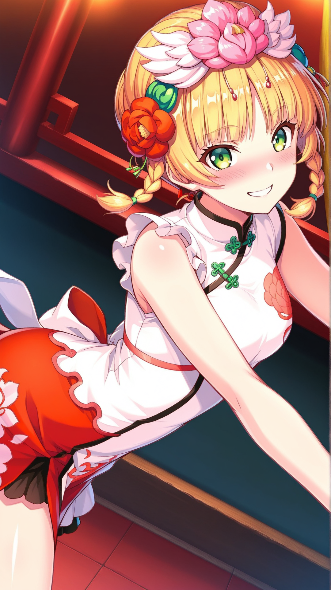 source_anime, general, best quality, masterpiece,  <lora:Urpina_ill_v1.0:1> urpina\(scarlet grace\),blonde hair,green eyes, hair flower, short hair,braid,hair ornament, china dress,smile,  (embarrassed:0.9),  dynamic pose, dutch angle,