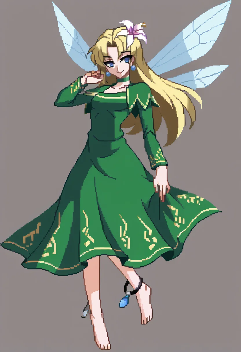 score_9, score_8_up, score_7_up, source_anime, BREAK, solo, 1girl, smile, looking at viewer, <lora:Under-Night-In-Birth-SpritesV2-pdxl_Fp:1>, simple background, full body, standing, <lora:Titania-pdxl_Fp:1>, titaniasmt, blue eyes, blonde hair, long hair, flower, fairy wings, green dress, choker, anklet, floating,