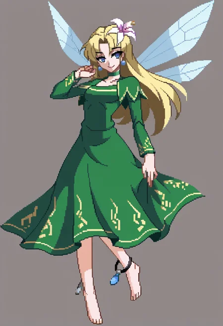 score_9, score_8_up, score_7_up, source_anime, BREAK, solo, 1girl, smile, looking at viewer, <lora:Under-Night-In-Birth-SpritesV2-pdxl_Fp:1>, simple background, full body, standing, <lora:Titania-pdxl_Fp:1>, titaniasmt, blue eyes, blonde hair, long hair, flower, fairy wings, green dress, choker, anklet, floating,