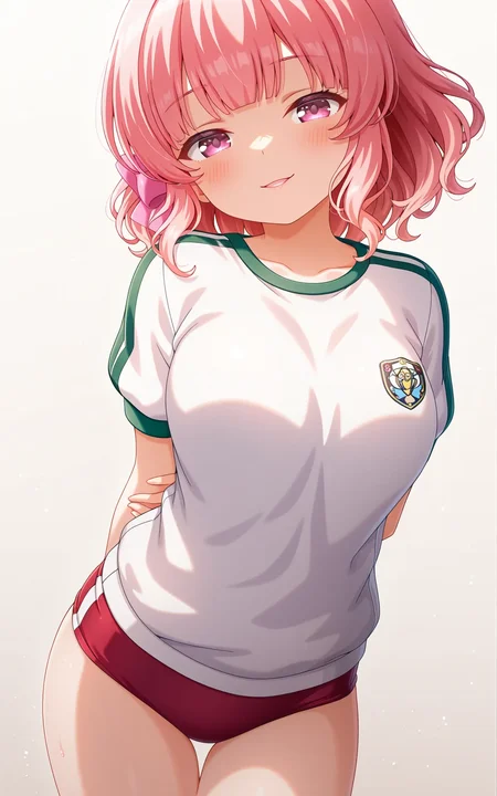 masterpiece,best quality,good quality,amazing quality,newest,4k,perfect lighting,cinematic,very aesthetic,official art,anime screencap,anime coloring,(white background, simple background:1.5),
1girl,solo,nitta moeka,pink hair,hair bow,m_gym,gym uniform,white shirt,S \(emblem\),red buruma,thigh gap,thighs,
seductive smile, looking at viewer,facing viewer,standing,arms behind back,hands behind back,contrapposto,cowboy shot,BREAK
<lora:ILmoeka2:1>