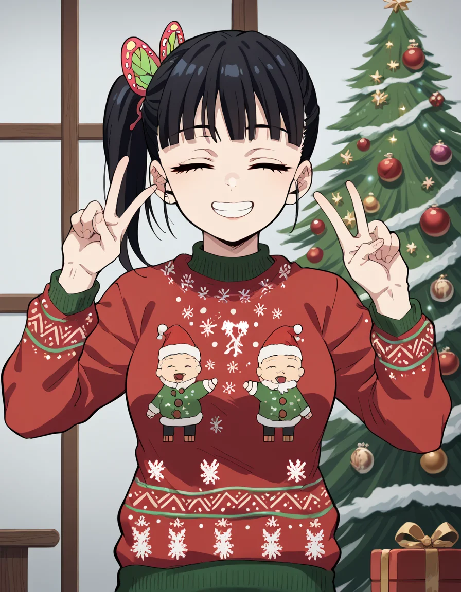 score_9, score_8_up, score_7_up, source_anime, <lora:kanao-tsuyuri-anime-ponyxl-lora-nochekaiser:1>, kanao tsuyuri, black hair, butterfly, butterfly hair ornament, side ponytail, ponytail, medium breasts, <lora:christmas-sweater-ponyxl-lora-nochekaiser:1>, christmas sweater, christmas, ugly sweater, print sweater, red sweater, christmas tree, christmas ornaments, sweater, multicolored sweater, , v, smile, hands up, teeth, closed eyes, cowboy shot,