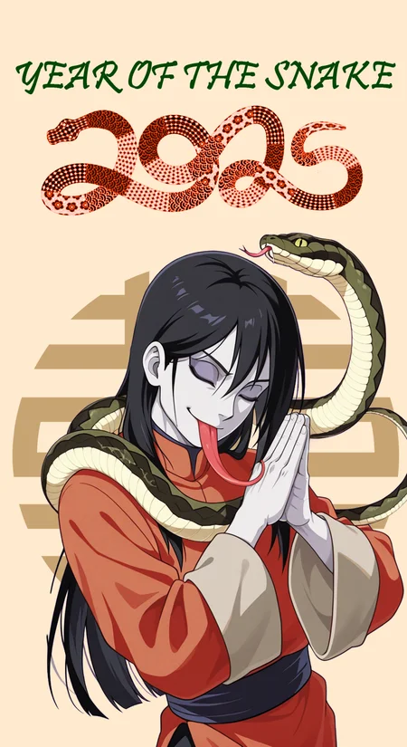 masterpiece,best quality,amazing quality, simple background, chinese zodiac
long hair, black hair, 1boy, pale skin, male focus, orochimaru \(naruto\),
red clothes, jyojifuku, kung fu, long sleeves
looking at viewer, tongue out, long tongue, smile, closed eyes, happy
sn4k3, snake, snake on shoulders, own hands together
(dynamic angle:1.2), dynamic pose, close-up
<lora:Snake_on_Shoulders:1>, <lora:Orochimaru [IL]:.5>,  <lora:forkedtongue_Illust_v1:0.75>
