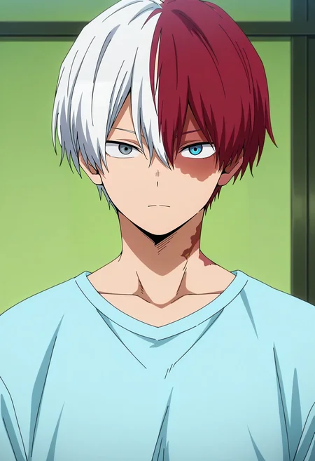 masterpiece, best quality, intricate details, anime screencap, anime coloring, , looking at viewer, , 1boy, solo, male focus, <lora:shouto_todoroki_ilxl:0.94>, shouto_todoroki, white hair, red hair, grey eyes, blue eyes, heterochromia, short hair, hair between eyes, bangs, multicolored hair, two-tone hair, split-color hair, burn scar, scar on face, , toga costume