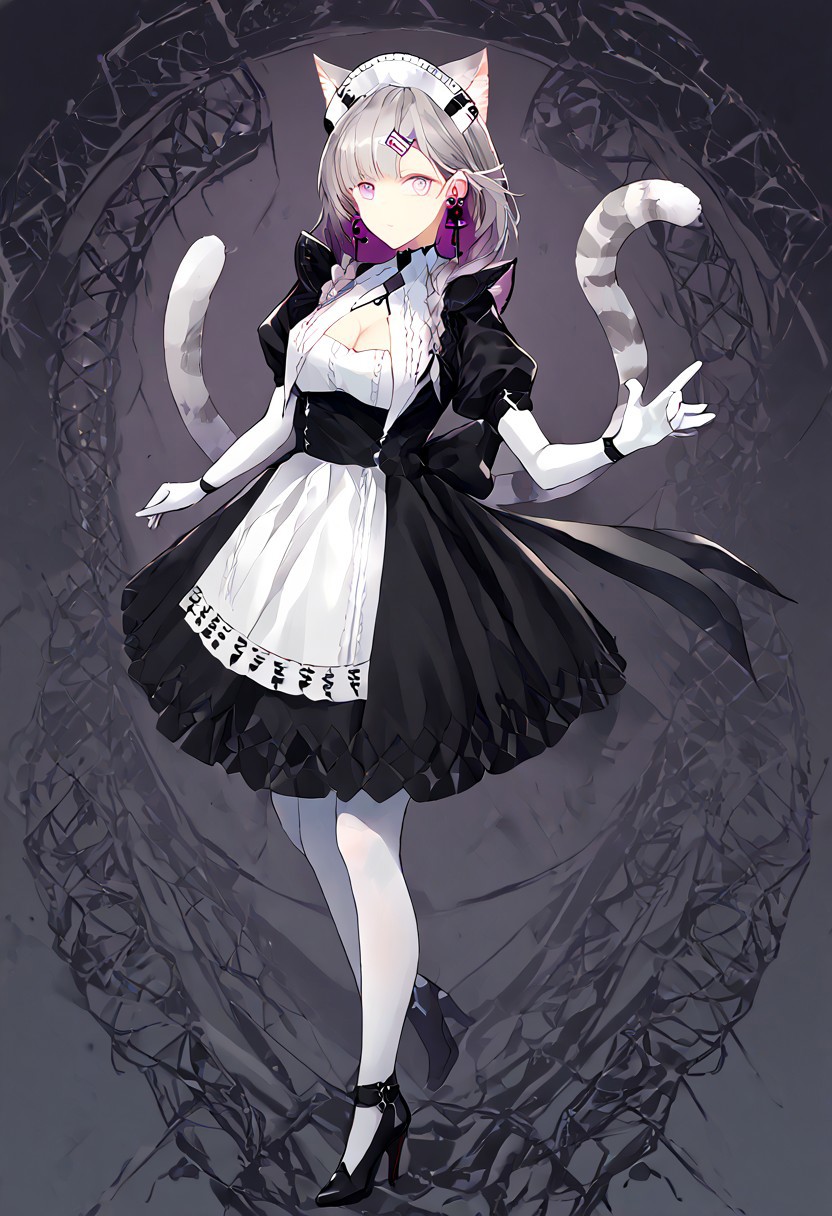 score_9, score_8_up, score_7_up, score_6_up, score_5_up, score_4_up, source_anime, 1girl, solo, 
KazemaruMAID, animal ears, grey hair, cat ears, cat tail, cat girl, extra ears, purple eyes, blunt bangs, maid, maid headdress, black dress, puffy sleeves, hairclip, cross earrings, twin braids, breasts, cleavage, earrings, elbow gloves, jewelry, white gloves, white pantyhose, high heels, black footwear, 
masterpiece, best quality, very aesthetic, absurdres,