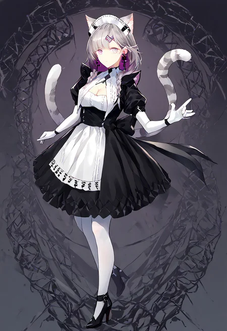 score_9, score_8_up, score_7_up, score_6_up, score_5_up, score_4_up, source_anime, 1girl, solo,
KazemaruMAID, animal ears, grey hair, cat ears, cat tail, cat girl, extra ears, purple eyes, blunt bangs, maid, maid headdress, black dress, puffy sleeves, hairclip, cross earrings, twin braids, breasts, cleavage, earrings, elbow gloves, jewelry, white gloves, white pantyhose, high heels, black footwear,
masterpiece, best quality, very aesthetic, absurdres,