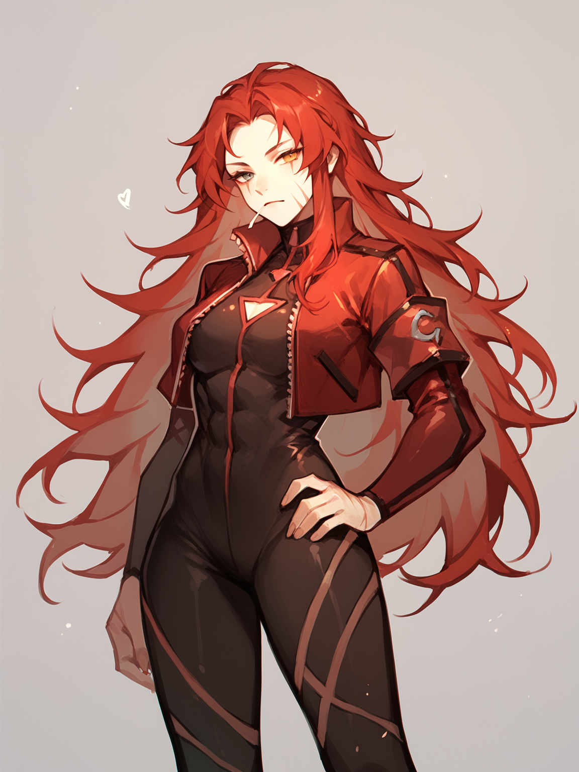 score_9, score_8_up, score_7_up, Gebura, 1woman, solo, red long hair, scars on face, heterochromia, black jumpsuit, shor red jacket  <lora:Gebura:1>
