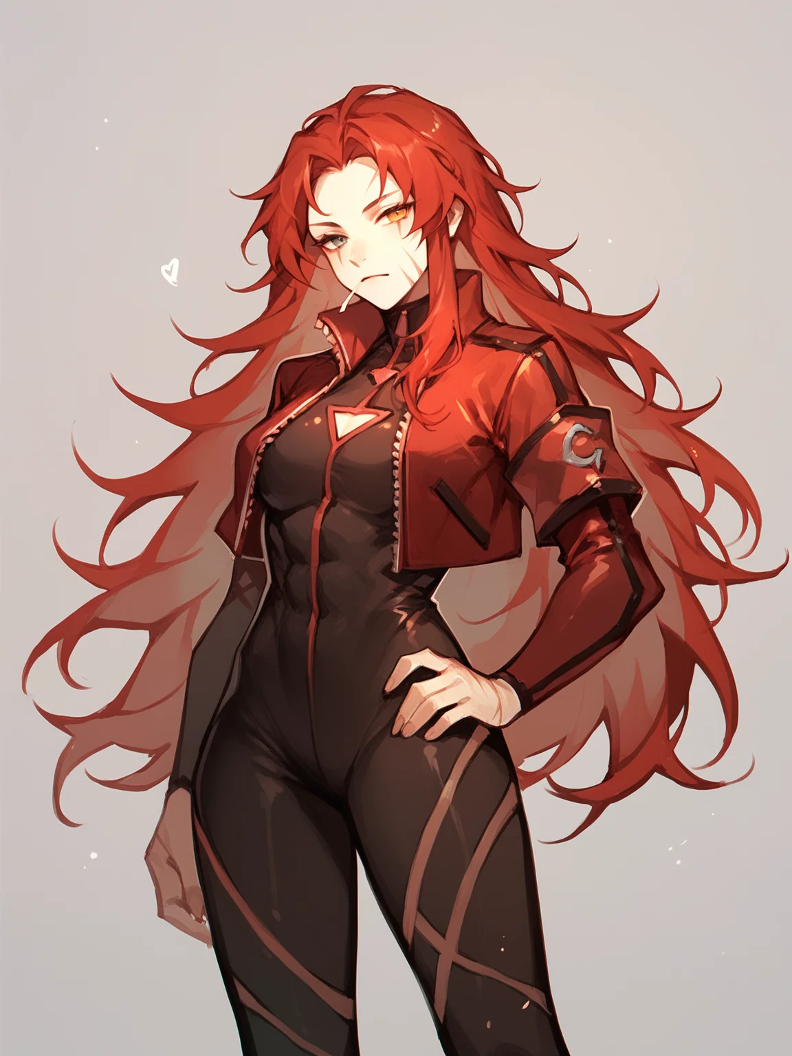 score_9, score_8_up, score_7_up, Gebura, 1woman, solo, red long hair, scars on face, heterochromia, black jumpsuit, shor red jacket <lora:Gebura:1>