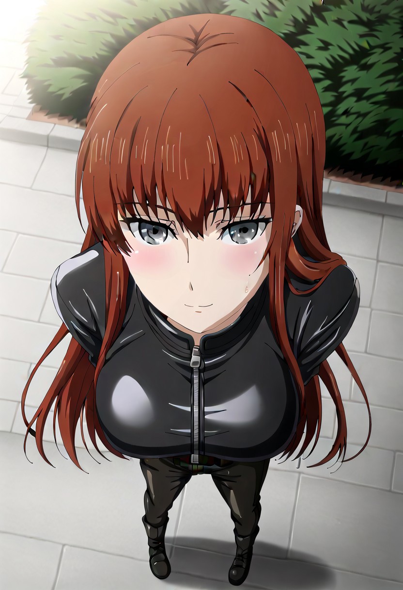 Ultra-high-detailed Anime illustration of Kagari Shiina. The artwork features Kagari in a solo, standing position with a outdoors, street background. 
She is depicted with intricate details showcasing her big breasts, natural breasts. She is a white skinned, 22 years old woman. Kagari is looking at viewer with perfect eyes, Her pupils are highly detailed. The eyes are open. grey eyes. Kagari's eyes are highlighted. Highlighted eyevrows. 
She has long hair, red colored hair, styled in floating hair with bangs.
She is wearing a motorcycle suit, black motorcycle suit, full body motorcycle suit with black gloves, black belt and black shoes. 
The artistic style is intricate_details_xl with a focus on Anime artstyle. The color palette emphasizes red and black with detailed strokes to bring out the character's features. The lighting creates dramatic shadows and highlights, adding depth to the artwork. The perspective is from a dutch angle to enhance the impact of the character's expression. This masterpiece is a true portrayal of Kagari's complex personality and will captivate any fan of Kagari. Kagari Shiina, close up