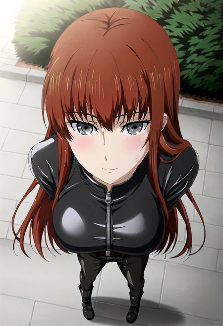 Ultra-high-detailed Anime illustration of Kagari Shiina. The artwork features Kagari in a solo, standing position with a outdoors, street background. 
She is depicted with intricate details showcasing her big breasts, natural breasts. She is a white skinned, 22 years old woman. Kagari is looking at viewer with perfect eyes, Her pupils are highly detailed. The eyes are open. grey eyes. Kagari's eyes are highlighted. Highlighted eyevrows. 
She has long hair, red colored hair, styled in floating hair with bangs.
She is wearing a motorcycle suit, black motorcycle suit, full body motorcycle suit with black gloves, black belt and black shoes. 
The artistic style is intricate_details_xl with a focus on Anime artstyle. The color palette emphasizes red and black with detailed strokes to bring out the character's features. The lighting creates dramatic shadows and highlights, adding depth to the artwork. The perspective is from a dutch angle to enhance the impact of the character's expression. This masterpiece is a true portrayal of Kagari's complex personality and will captivate any fan of Kagari. Kagari Shiina, close up