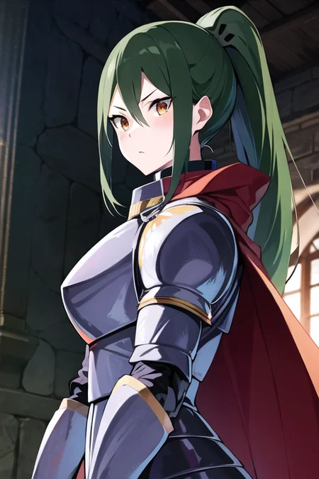 <lora:Crusch_Karsten:1>, CruschKarsten, knight_armor, orange_eyes, ponytail, cape