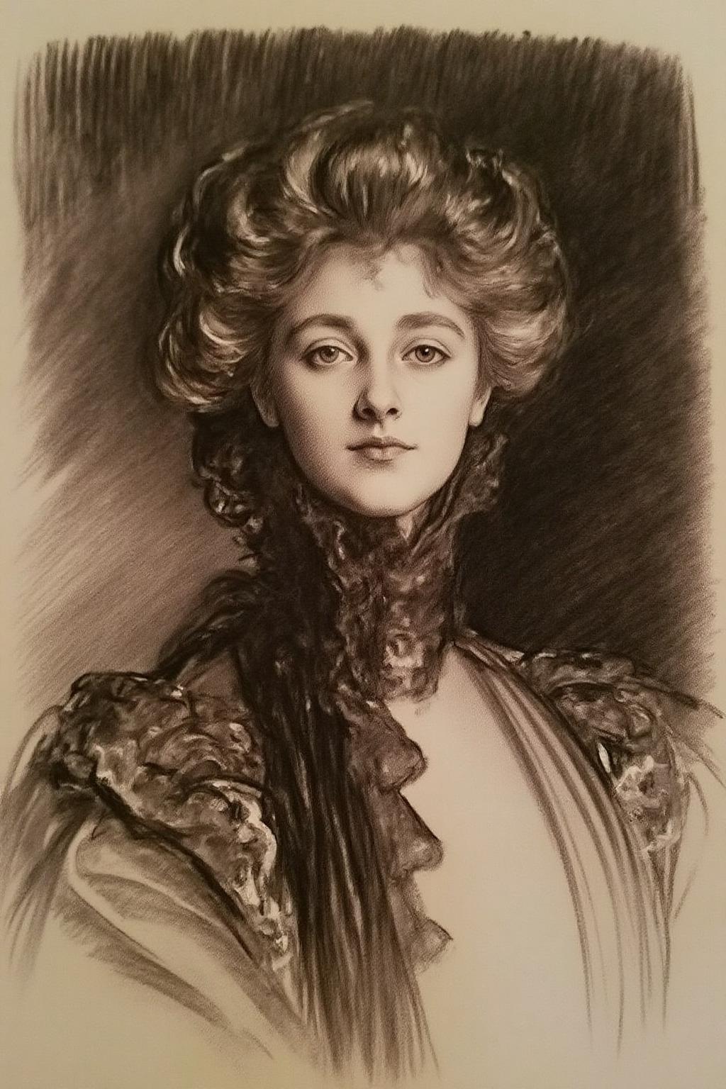,johnss1 charcoal drawing.
charcoal drawing of an elegant young woman from early 20th century. She has voluminous, curly hair styled in an updo, with soft, expressive facial features. Her eyes are gentle yet confident, and she wears a high-collared Edwardian-style dress with delicate lace and intricate details. The shading is rich, with a combination of soft smudging and fine, precise strokes. The background is shaded, textured and sketchy, creating a striking contrast that highlights her refined features <lora:johnss1_cap_d6a3e12:1.0><lora:824331578755966490:0>