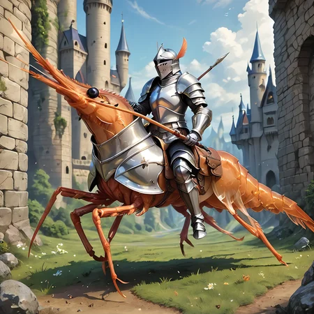 <lora:pony_shrimp:0.7>, knight riding a shrimp, saddle, lance, holding weapon, castle, armor, fantasy,