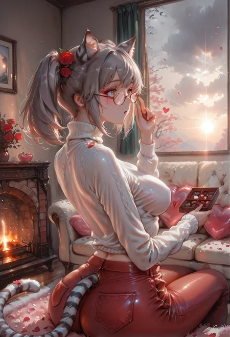 masterpiece, best quality, amazing quality, very aesthetic, absurdres, newest, (scenery, volumetric lighting),depth of field, 1girl,solo,sfw,((from behind:1.2),(from_back:1.2),,Cowboy Shot) , eyeliner,bai \(granblue fantasy\), granblue fantasy, 1girl, tiger tail, tiger ears, red eyes, brown eyes, grey hair, short hair, twintails,, 1girl, ";o", long sleeves, white sweater, turtleneck, red jeans, flower, roses, hearts, cherry blossom petals,holding box of chocolates,medium breasts, medium and teardrop shaped breasts,(covered breasts:1.3),curvy,skindentation,adjusting_eyewear, romantic, in love, living room, cozy atmosphere, sitting, fluffy rug, sofa, heart balloons, fireplace, window,sunrise, overcast,solo focus, unsr,,(shiny skin:0.7),(sakimichan:0.8,wlop:0.5),masterpiece, best quality, amazing quality, very aesthetic, absurdres, newest, (scenery, volumetric lighting),depth of field,gobo lighting,a little greedy \(artist\), <lora:memento mori:0.6> <lora:MoriiMee_Gothic_Niji_Style_Illustrious_r1:0.8> artist:moriimee <lora:ral-vltne:1> ral-vltne <lora:TQ_-_Rustic_Wooden_Valentines_Day_Backdrops:1> <lora:GOBOLightingILL:1> gobo lighting, shadows