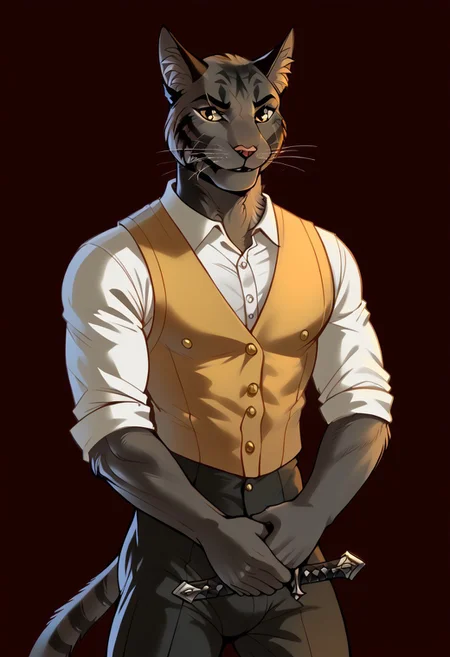 score_9, score_8_up, score_7_up,  
BREAK
fit muscular handsome taciturn apathetic male (((furry khajiit))), feline, 30 year old male with cat nose, cat whiskers and a tail, evil, matching yellow feline eyes, prominent eyebrows, (((black short fur tabby, cat nose, whiskers, black cat ears, black cat tail))), frank frazetta style, rich, bare arms,  toned body, apathetic, wearing a luxurious yellow medieval sleeveless vest showing off chest, 4K, high quality, detailed, holding a short sword, villain