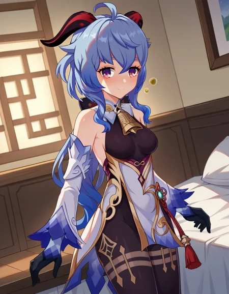 score_9, score_8_up, score_7_up, source_anime,
ganyu, <lora:genshin-ganyu-ingame-ponyxl-lora-nochekaiser:1>,
ganyu, blue hair, goat horns, horns, long hair, purple eyes, sidelocks, smile,
gloves, bare shoulders, detached sleeves, black gloves, bell, bodysuit, neck bell, black bodysuit, vision \(genshin impact\), bodystocking, cowbell, chinese knot,
indoors, bed, bed room, on side, blush, drunk,
looking at viewer, cowboy shot, dutch angle,