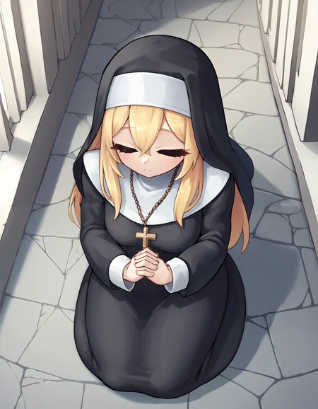 score_9, score_8_up, score_7_up, score_6_up, score_5_up, score_4_up, BREAK 1girl, church, nun, kneeling, praying, from above, closed eyes, blonde hair, long hair, <lora:Limebreaker:1>