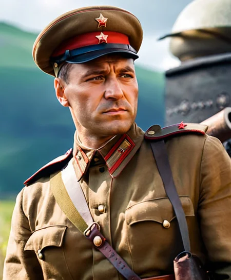 cinematic still non fiction book cover art, factual, informative, clean, subtle colors a close up of a man in a uniform with a hat on, soviet soldier, WW2, WWII, a character portrait , trending on cgsociety, realism, muscular army general, doomguy as a soviet soldier . emotional, harmonious, vignette, 4k epic detailed, shot on kodak, 35mm photo, sharp focus, high budget, cinemascope, moody, epic, gorgeous, film grain, grainy, Volumetric Lighting, non fiction book cover art, factual, informative, clean, subtle colors a close up of a man in a uniform with a hat on, soviet soldier, WW2, WWII, a character portrait , trending on cgsociety, realism, muscular army general, doomguy as a soviet soldier, light depth, dramatic atmospheric lighting, Volumetric Lighting, cinematic still non fiction book cover art, factual, informative, clean, subtle colors a close up of a man in a uniform with a hat on, soviet soldier, WW2, WWII, a character portrait , trending on cgsociety, realism, muscular army general, doomguy as a soviet soldier . emotional, harmonious, vignette, highly detailed, high budget, bokeh, cinemascope, moody, epic, gorgeous, film grain, grainy, non fiction book cover art, factual, informative, clean, subtle colors a close up of a man in a uniform with a hat on, soviet soldier, WW2, WWII, a character portrait, trending on cgsociety, realism, muscular army general, doomguy as a soviet soldier, real background, epic, detailed, professional, cinematic