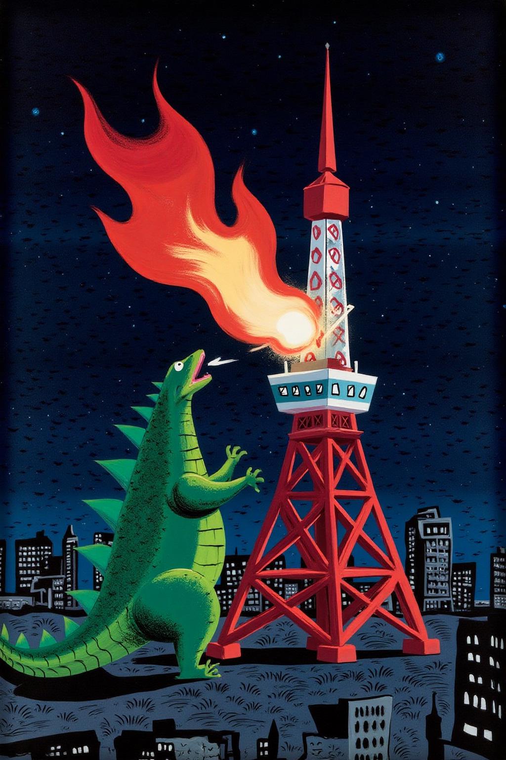 maryblair2 illlustration.
Godzilla breathing fire on Tokyo Tower.
 <lora:maryblair3_cap_d6a3e9:1.0><lora:855901179652117343:0>