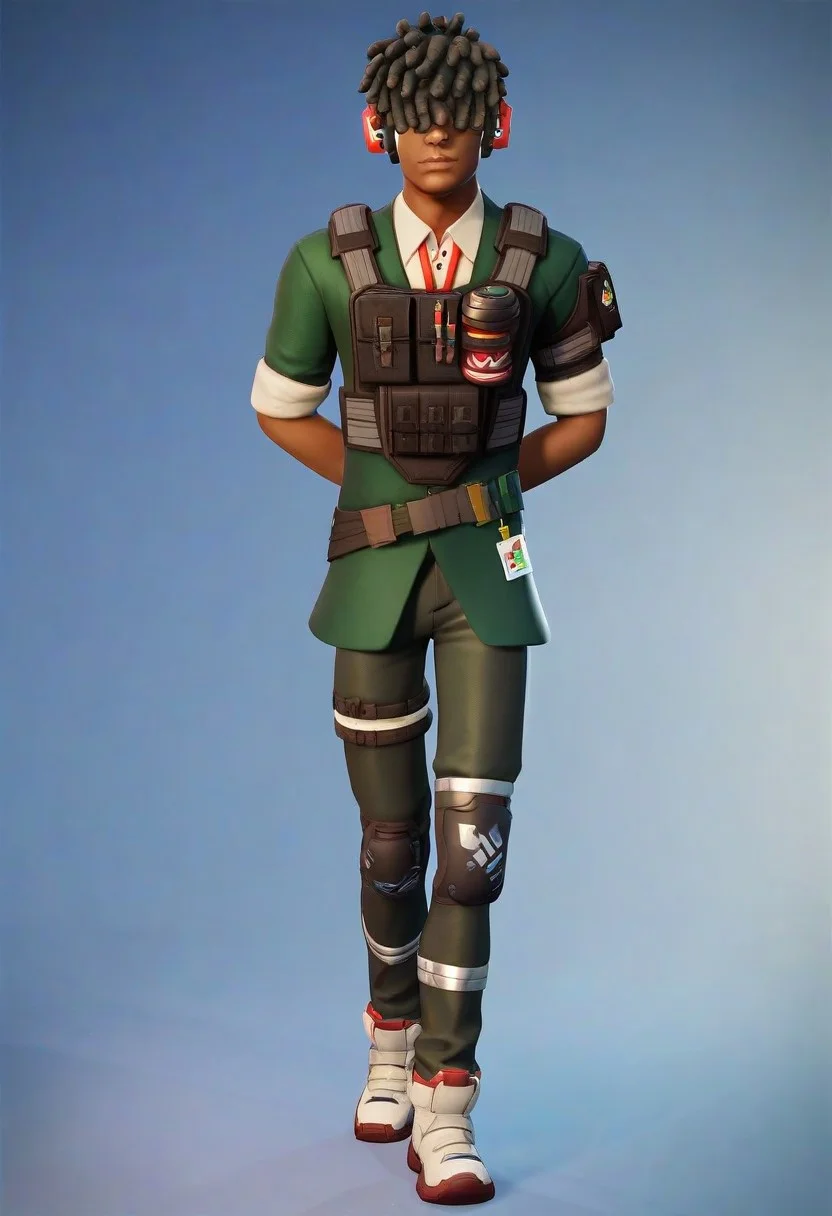 score_9, score_8_up, score_7_up, score_6_up, score_5_up, score_4_up, BREAK <lora:Lunas-FortniteStyle-SDXL-A1:1>,toned male, 1boy, daylight, face focus, good looking face, accurate face, face detail,
kwame, dark skin, afro locs hairstyle, red over‑ear headphones, (green slim‑fit suit), black tactical vest, red fingerless gloves, white futuristic boots, modern weapons belt, ingame
office, posing, dramatic lighting, dynamic pose, dramatic scene, full body view, accurate shadows, ((hands behind back, standing)), turned to the viewer, looking at viewer, volumetric lighting,