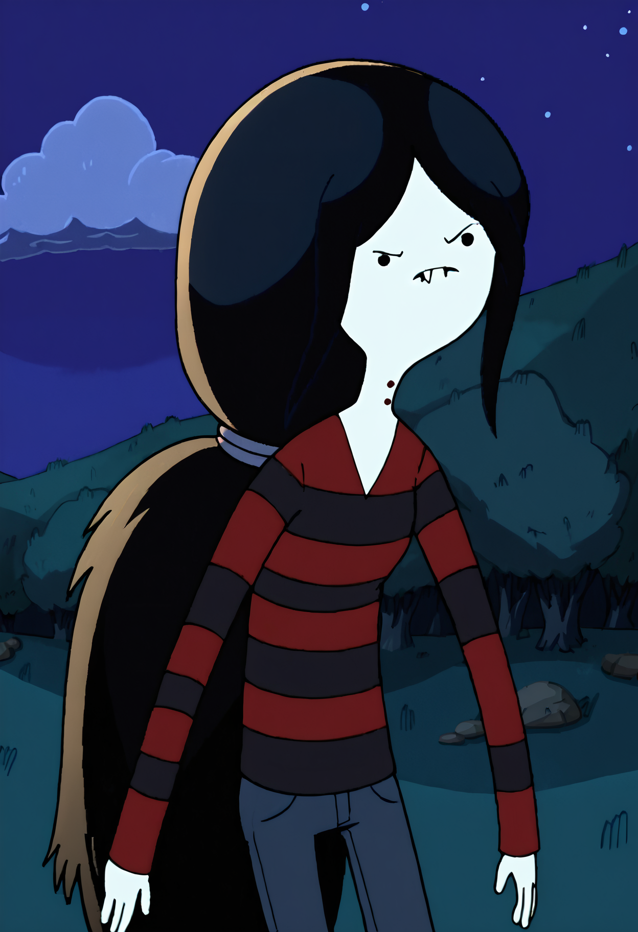 marceline, silly face, black hair, solo, long hair, ponytail, 1girl, bite mark, black eyes, grey skin, shirt, long sleeves, striped shirt,night, outdoors,  solid circle eyes<lora:MarcelinePony1.1:1>, score_9, score_8_up, score_7_up, score_6_up, score_5_up, score_4_up, looking at viewer,