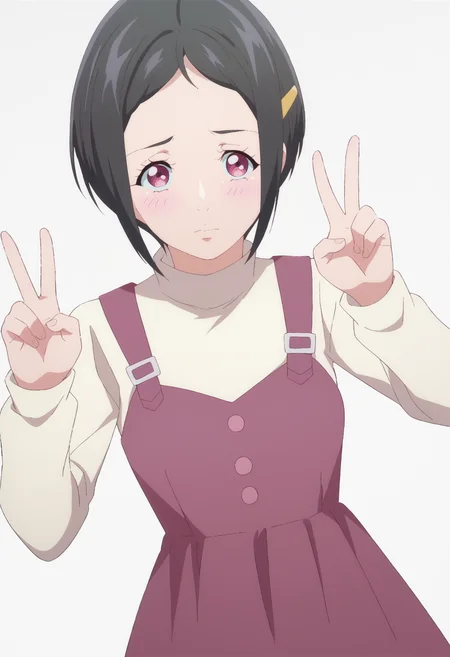 score_9, score_8_up, score_7_up, source_anime, BREAK white background,dynamic pose, looking at viewer, 1girl <lora:DX888Aoi-10:1>,kamimachi aoi, black hair,pink eyes, short hair, hairclip, dress, turtleneck, long sleeves, ,, blush, dutch angle, standing, v pose, embarrassed,