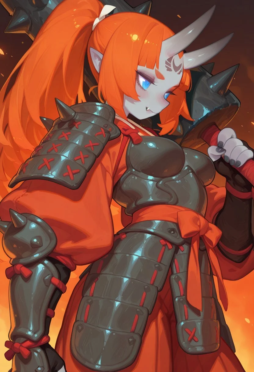 F3n6l1, masterpiece, very aesthetic, absurdres, (solo:1.5),
(oni girl:1.5), 1girl, expressive eyes, feminine eyes, beautiful detailed eyes:1, perfect face, blue eyes:1, (grey skin), single oni horn on forehead, fangs, (orange hair:1.5), (ponytail hair and blunt bangs), medium breasts, (samurai armor:1.5), (fingerless gloves:1.5), black nails, holding giant iron spiked bat,