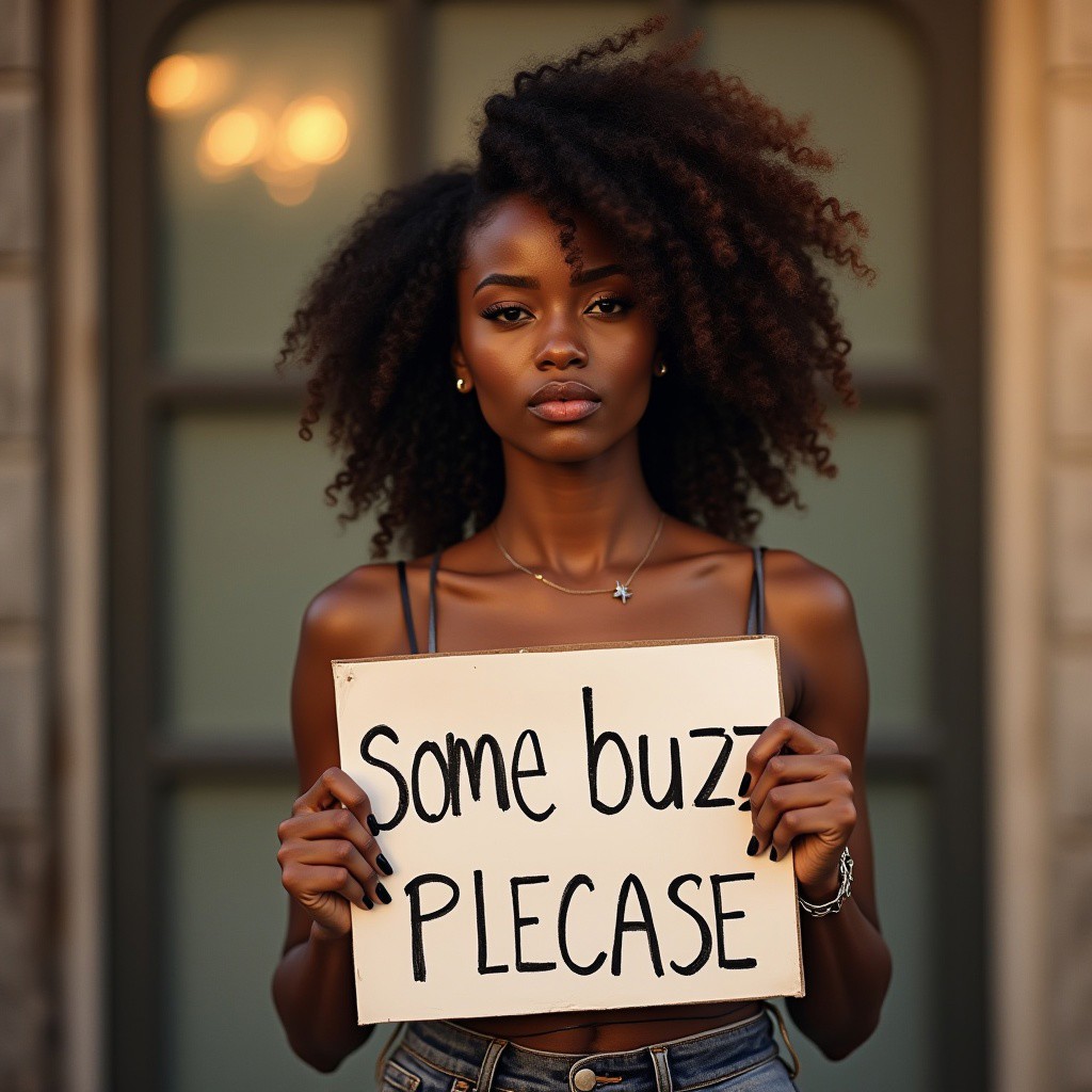 cute dark skinned woman holding a sign "some buzz please"