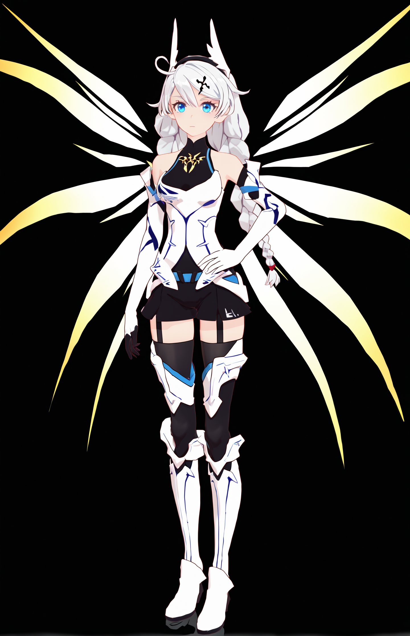 score_9, score_8_up, score_7_up, score_6_up, 8k, best quality, masterpiece, (ultra-detailed:1.1), (high detailed skin), 
(full body), (black background:1.1), standing, looking at viewer, (solo), hand on hip, 
<lora:kiana-young-pony-Tanger-000010:0.8>, kiana kaslana, yueguang, 3rd clothes, 1girl, blue eyes, long hair, braid, thighhighs, boots, bangs, hair ornament, bare shoulders, twin braids, energy wings, elbow gloves,
(beautiful_face), ((intricate_detail)), clear face, 
((finely_detailed)), fine_fabric_emphasis, 
((glossy)), full_shot,