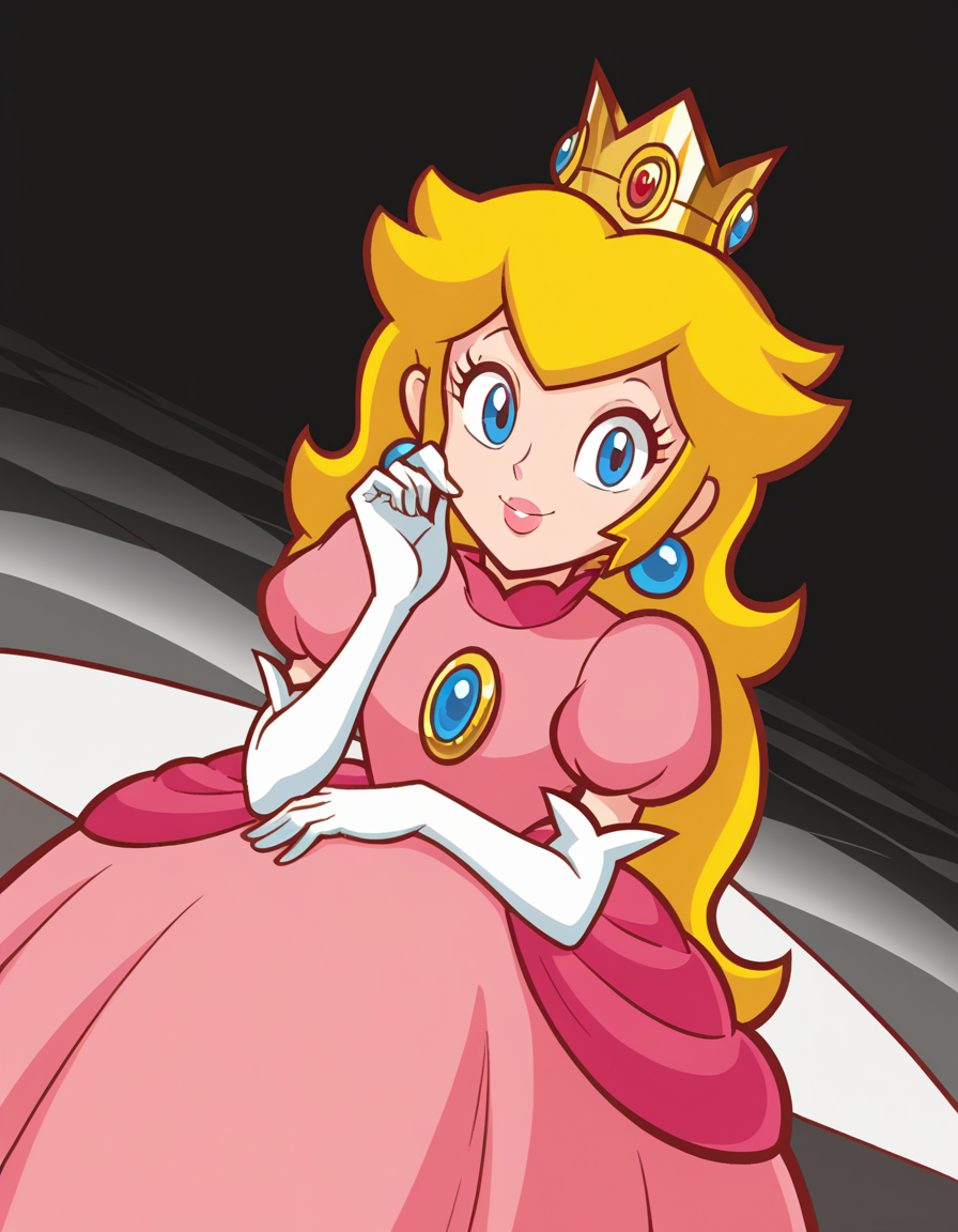 score_9, score_8_up, score_7_up, source_anime, <lora:super-princess-peach-ingame-ponyxl-lora-nochekaiser:1>, princess peach, blonde hair, blue eyes, long hair,, crown, dress, gem, gloves, pink dress, puffy short sleeves, puffy sleeves, short sleeves, white gloves,, ballroom, dance floor, chandeliers, formal wear, smile, sitting, elbow rest, table,, looking at viewer, solo,, dutch angle, cowboy shot