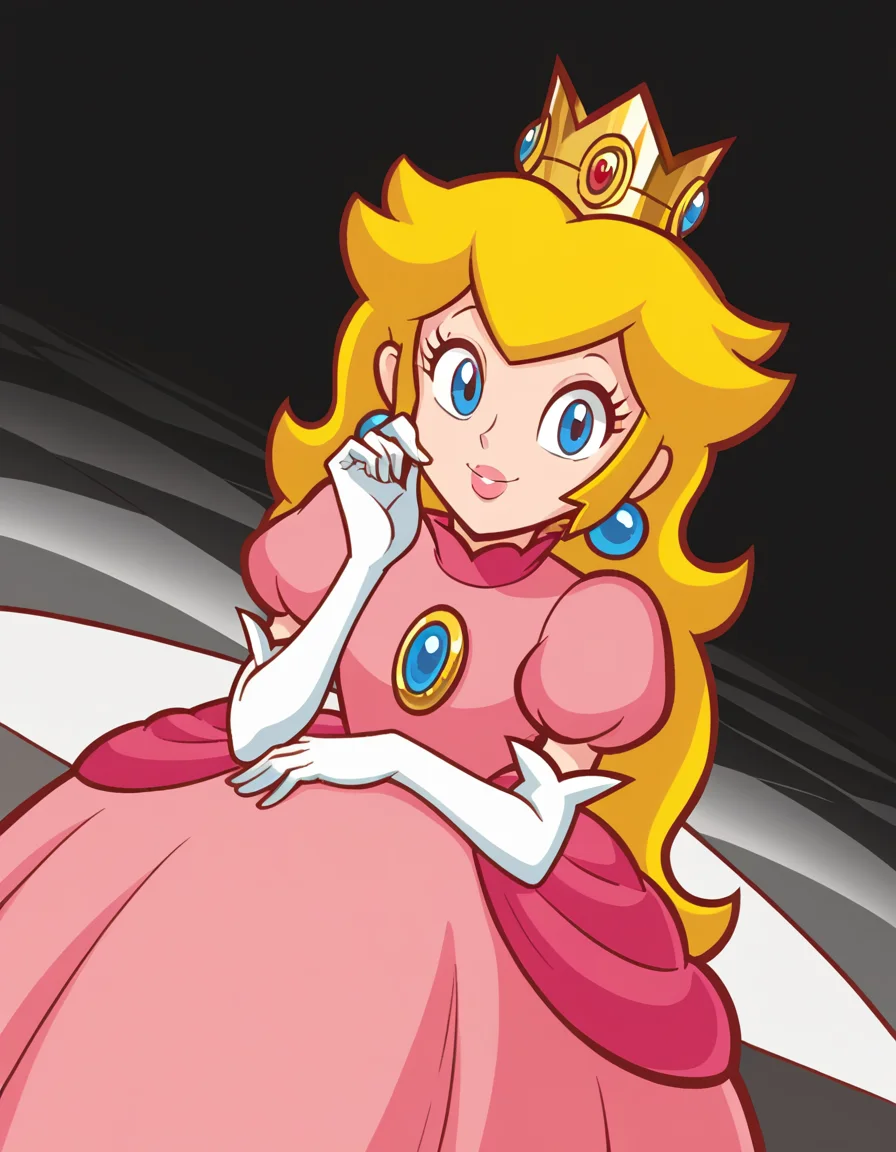score_9, score_8_up, score_7_up, source_anime, <lora:super-princess-peach-ingame-ponyxl-lora-nochekaiser:1>, princess peach, blonde hair, blue eyes, long hair,, crown, dress, gem, gloves, pink dress, puffy short sleeves, puffy sleeves, short sleeves, white gloves,, ballroom, dance floor, chandeliers, formal wear, smile, sitting, elbow rest, table,, looking at viewer, solo,, dutch angle, cowboy shot