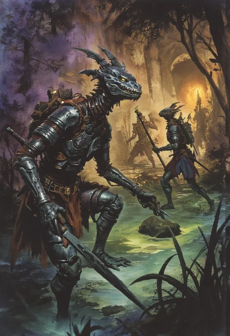 dungeon delving lizard men exploring a dense swamp, leather armor, spears and curve dsowrds, the scene is captured in dimly lit but virbrant colors, with bold ink lines defining form against the watercolor wash of the aged paper
zavy-spctrlglw , pastel hues with pops of vibrant neon colors enhancing the spectral glow.