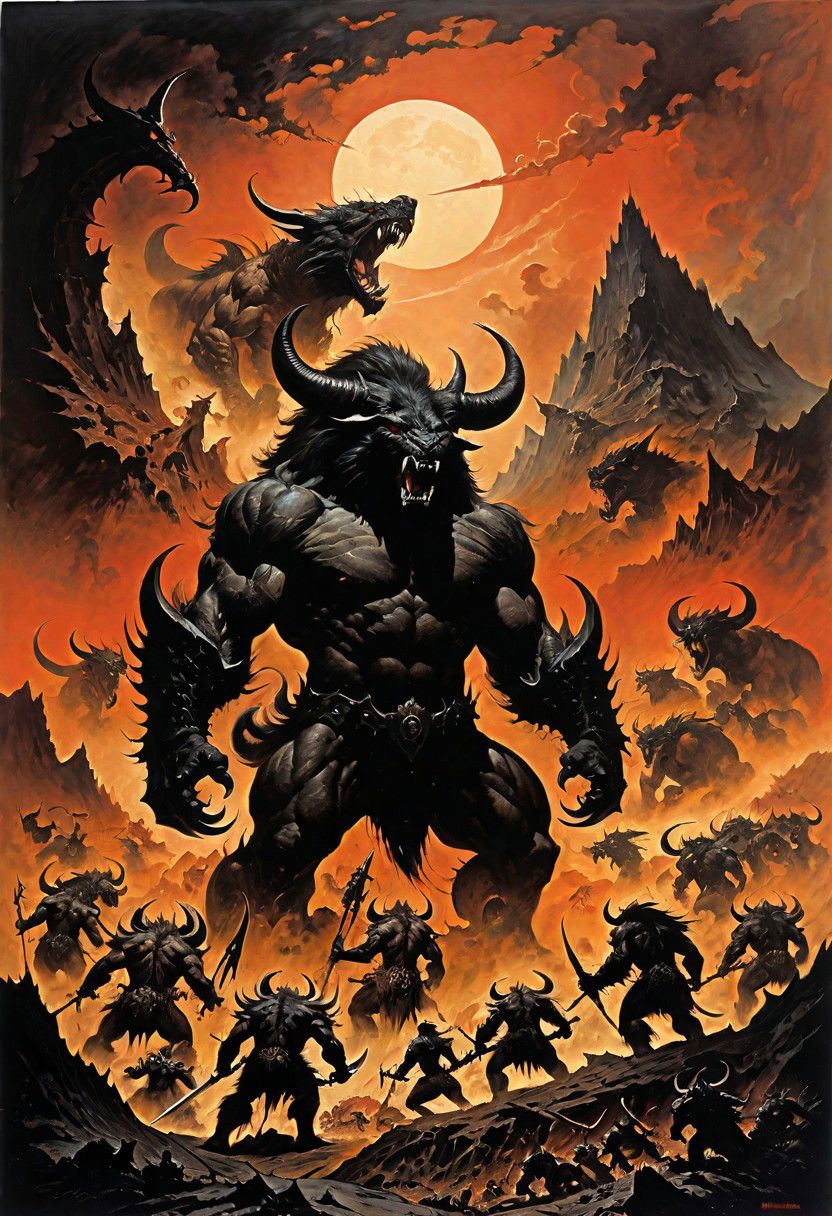 highly detailed ink drawing in the style of Frank Frazetta. At the center of an apocalyptic hellscape stands a horde of demonic beasts that swarm in from all sides. Each beast, a grotesque amalgamation of nightmare and flesh, background, jagged mountains rise ominously, silhouetted against a tempestuous, roiling sky.