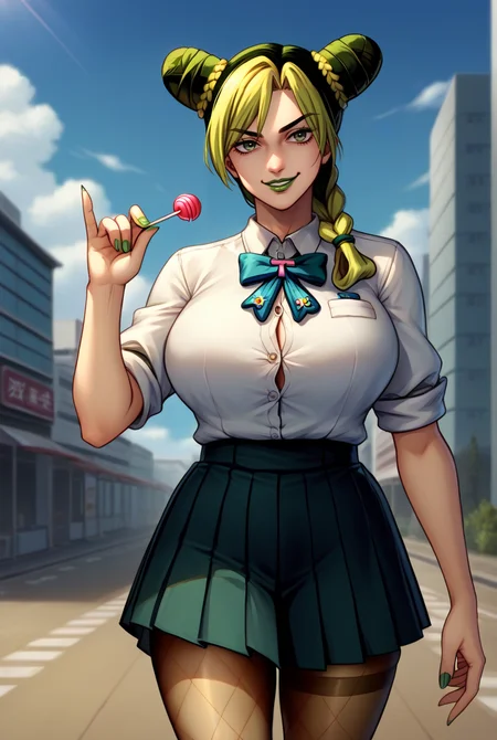 score_9, score_8_up, source_anime BREAK solo, cowboy shot,
<lora:JolynePdxlDwnsty:0.8>, kjolyne, green eyes, two-tone hair, green hair, black hair, double bun, braided bun, braided ponytail, green lips, lipstick, make up, green nails, nail polish, school uniform, white shirt, buttons, pleated skirt, black skirt, fishnet pantyhose, lollipop, holding lollipop,
smirk, large breasts, curvy, skindentation, walking,
outdoors, tokyo, blue sky, clouds, city,
<lora:nai3_check2:0.8>