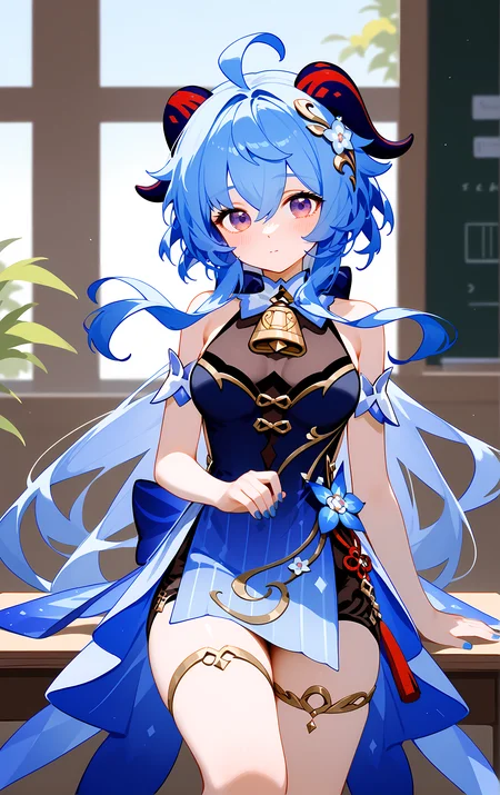(score_9, score_8_up, score_7_up), 1girl, looking at viewer, closed mouth, classroom,
ohwx, 1girl, (ganyu_\(genshin_impact\):0.75), solo, dress, blue_hair, blue_dress, horns, purple_eyes, breasts, bare_shoulders, ahoge, thighs, long_hair, official_alternate_costume, hair_ornament, sleeveless, sleeveless_dress, goat_horns, nail_polish, blush, blue_nails, medium_breasts, thighlet, hair_flower, flower, gradient_dress, hair_between_eyes, bell,
<lora:ganyu_twilight_blossom_pony_ss:1>