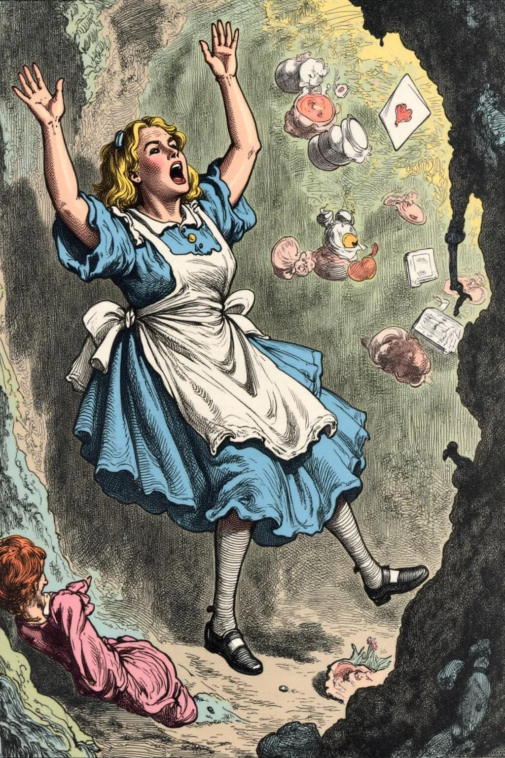 gusdore1illustration. Overhead view of Alice in Wonderland falling into the rabbit hole, with her legs dangling beneath her. She is looking upward, her face filled with shock and terror as she screams. Her blue dress and white apron billow out around her as she tumbles, while her striped stockings and black shoes are visible below. The rabbit hole is a swirling, chaotic mix of vibrant colors, playing cards, teacups, and other Wonderland objects floating around her. Soft glowing light emanates from the tunnel walls, adding an eerie, fantastical feel to the scene. The sense of motion and fear is palpable as Alice falls deeper into the unknown. <lora:gusdore1_nocap_d4a2e8:1.0><lora:800982289698855904:0>