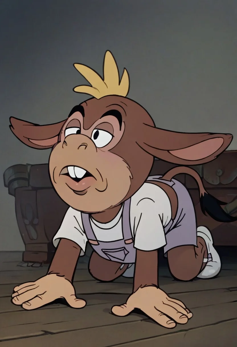 (score_9 | score_8_up | score_7_up) ((masterpiece:1))(best quality,very high quality,ultra detailed:1.2) (2D,cartoon style,anime style)(Smooth:2)(clean blurring) (four fingers on each hand,one thumb on each hand:1), Leon Loud, solo, 1boy, light Blonde hair, two strands of light Blonde hair, teeth, white shirt, lavender overalls, white booties, Full Donkey, half donkey, donkey head, donkey ears, donkey tail, all fours
