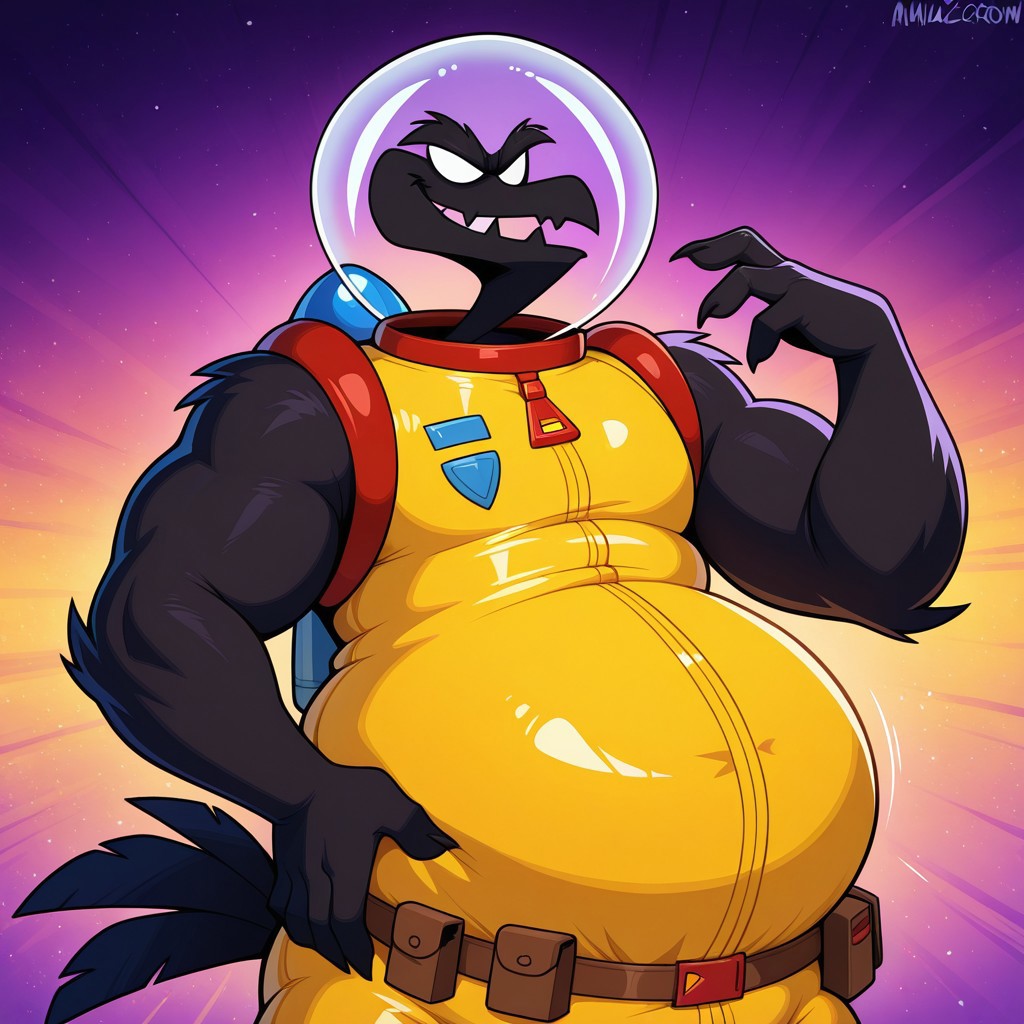 Psy-crow, black feathers, all black body, fangs, blank eyes, white eyes, bushy eyebrows, feathered arms, black tail feathers, pear shaped body, big belly, yellow and red space suit, space helmet, utility belt, male, 1boy, furry male, solo, evil smile, smug, best quality, masterpiece, best quality, amazing quality, very aesthetic, absurdres, newest, high quality, close up, portrait, abstract background