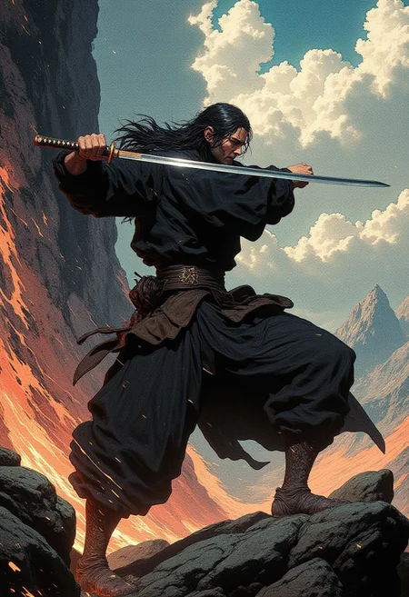 A a man wearing black robes on a rocky plateu. He has long black hair. He is swinging a wooden practice katana, training on his own.
Full body
Cinematic lighting, volumetric lighting, 8k quality