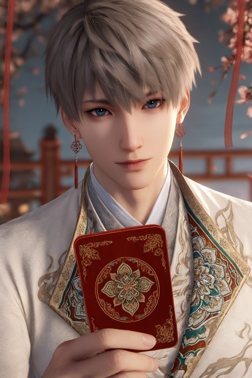 <lora:xavier-NAI:0.7>,xavier, 1boy, male focus, solo, earrings, jewelry, looking at viewer, blurry, upper body, holding, blurry background, chinese clothes,lips, short hair, closed mouth, grey hair,yaoi,bara,male focus,very awa,masterpiece,best quality,amazing quality,nsfw,uncersored,highres,best quality,amazing quality,best aesthetic,absurdres,