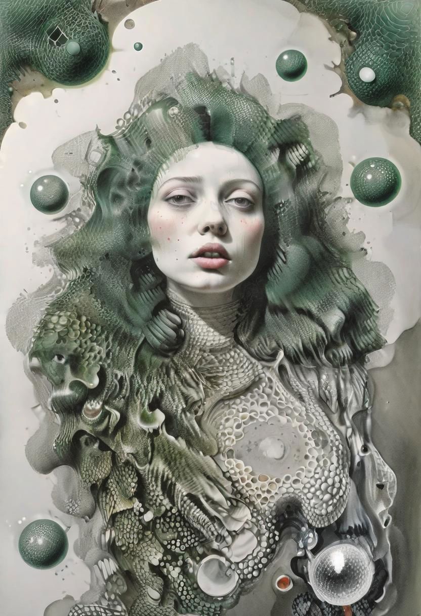 raw sketch of interwoven concrete cement pebbles cob cobblestone shell fishscales snakeskin, melting flesh covered in moss rot mold bubbles droplets, by Hans Bellmer, by Malevitch, by Kandinsky, Surreal psychedelic bizarre, psychedelic hallucination, pop surrealism, rough crosshatch drawing pop art Lunatic_Portrait of a young woman in latex Avant-garde Fashion page, slick back, low bun, black makeup, sinister expression, intense glare, avant-garde, abstract, weird, geometric, constructivism, suprematism, rayonism, verticism, lineism, tj