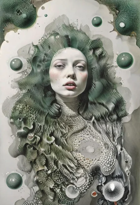 raw sketch of interwoven concrete cement pebbles cob cobblestone shell fishscales snakeskin, melting flesh covered in moss rot mold bubbles droplets, by Hans Bellmer, by Malevitch, by Kandinsky, Surreal psychedelic bizarre, psychedelic hallucination, pop surrealism, rough crosshatch drawing pop art Lunatic_Portrait of a young woman in latex Avant-garde Fashion page, slick back, low bun, black makeup, sinister expression, intense glare, avant-garde, abstract, weird, geometric, constructivism, suprematism, rayonism, verticism, lineism, tj