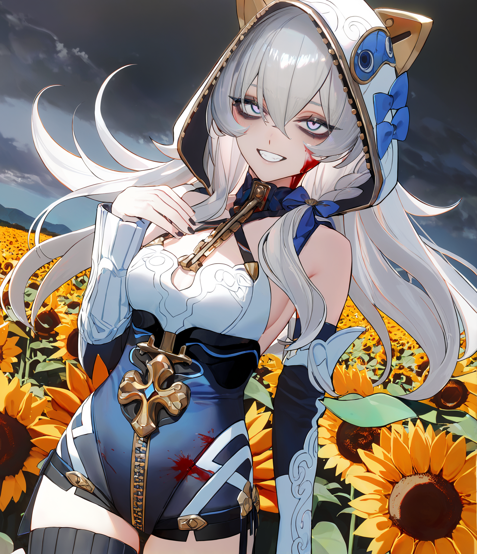 8k, best quality, masterpiece, (ultra-detailed), (high detailed skin), 
by au_\(d_elete\), safe, extra_sharp, (perspective composition.:1.2), (bold_lines are adding to the overall style:1.2) solo, (high brightness:1.3), backlighting, sunflower field, outdoors, kubrick stare, 1girl, contrapposto, blood on face, blood splatter, narrowed eyes, half-closed eyes, empty black eyes, bold eyelashes, long eyelashes, no pupils, nose, closed mouth, wide grin, crazy smile, blood on clothes, grey hair, long hair, cloudy sky, black sky, red clouds, amazing quality, masterpiece, highres, beautiful color, film grain, newest, 
<lora:dlstianming-a3-Tanger-000013:0.8>, hood, dlstianming, 1girl, thighhighs, blue eyes, long hair, hood up, white hair, breasts, hair between eyes, bangs, upper body,