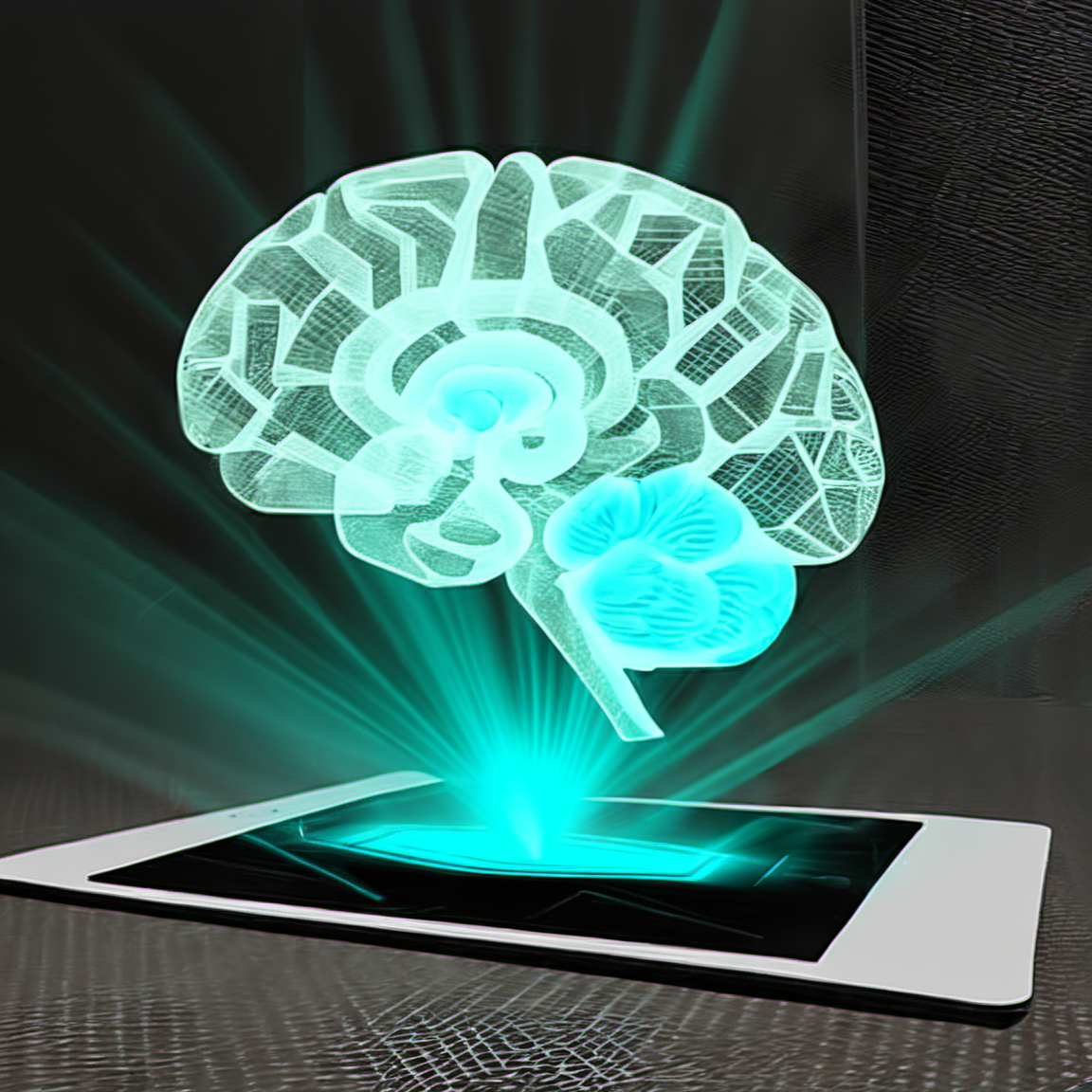 hologrameffect, a tablet with a glowing brain on it , <lora:hologram_effect:1>