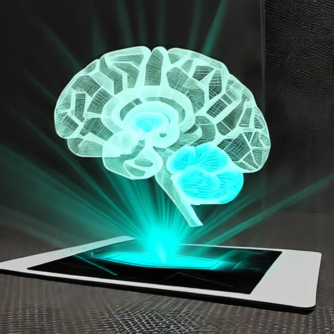 hologrameffect, a tablet with a glowing brain on it , <lora:hologram_effect:1>