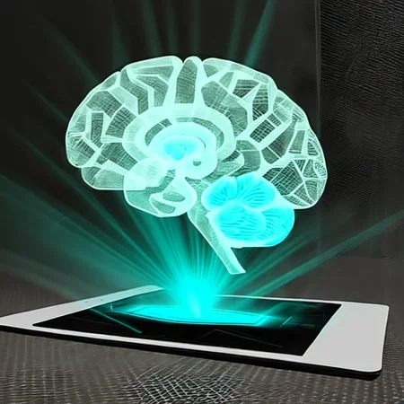 hologrameffect, a tablet with a glowing brain on it , <lora:hologram_effect:1>